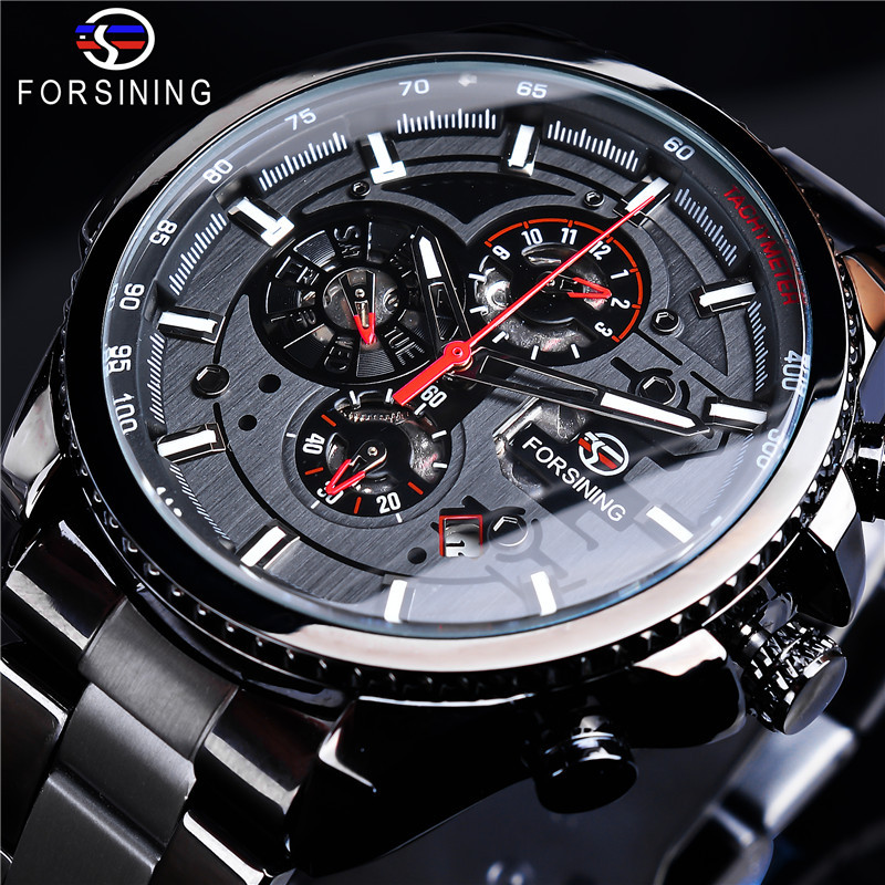 

FORSINING Brand Luxury Watches Men Stainless Steel Mechanical Automatic Self Wind Calendar Wristwatches Date Week Month SLZe168, Black