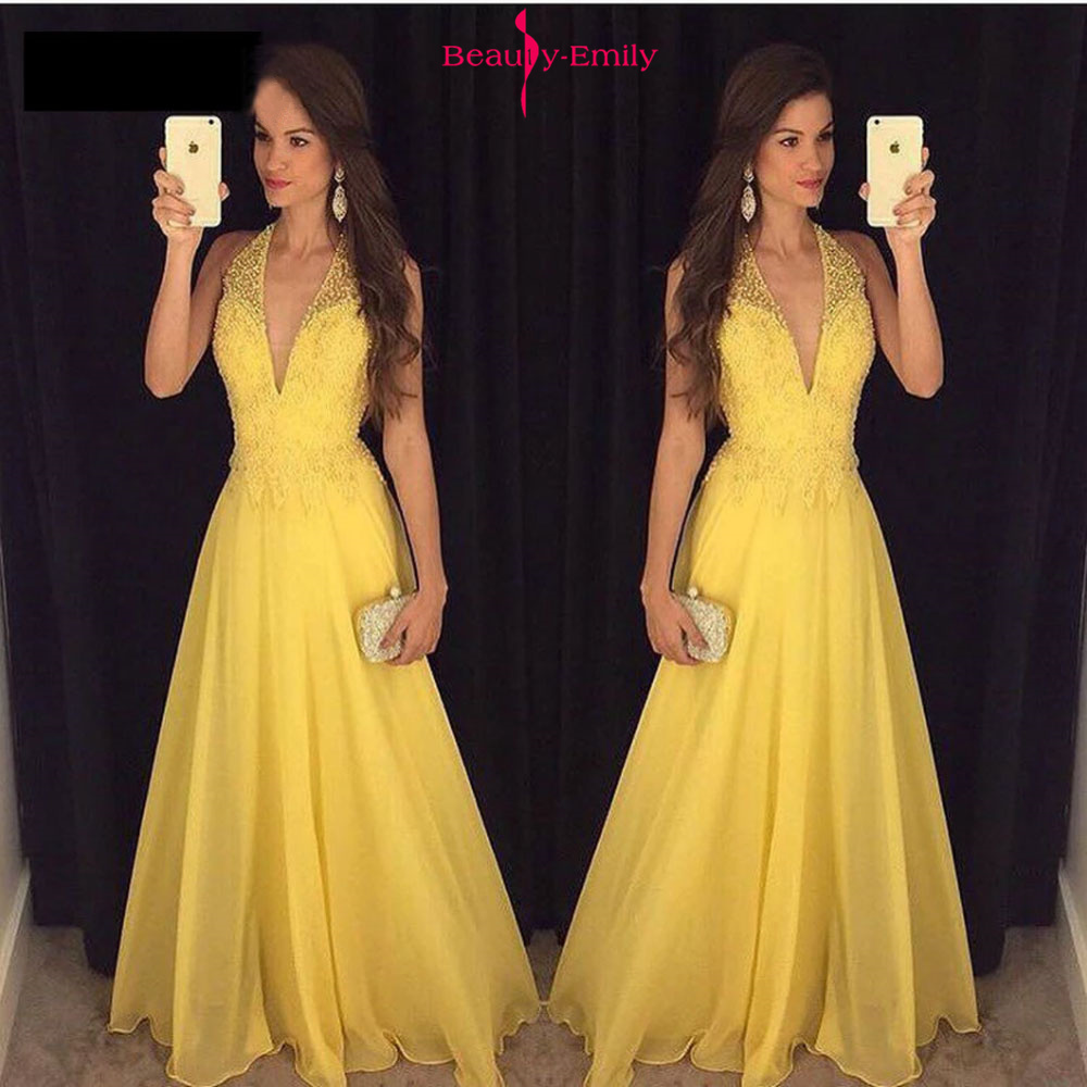 

Beauty Emily V Neck Beads Lace 2019 Evening Dresses Sleeveless Chiffon Formal Party Dress Open Back Prom Gowns Vestido de noche, Orange