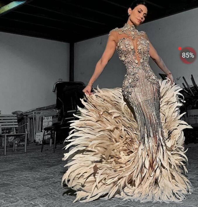 

Evening dress Yousef aljasmi Kim kardashian Mermaid High neck Feather Silver Beads Long dress Crystals Zuhair murad Ziadnakad 0011, Same with picture