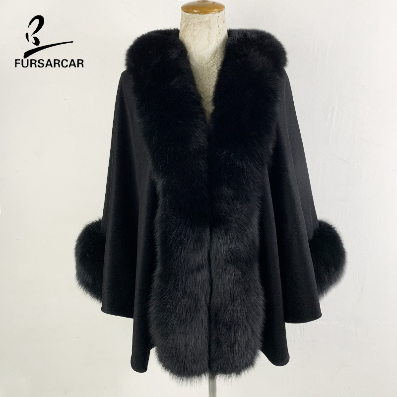 

FURSARCAR 2019 New Women Black Wool Cape With Big Real Genuine Nature Fur Collar And Cuff For Female Shawl Bat Sleeved Wrap, Red