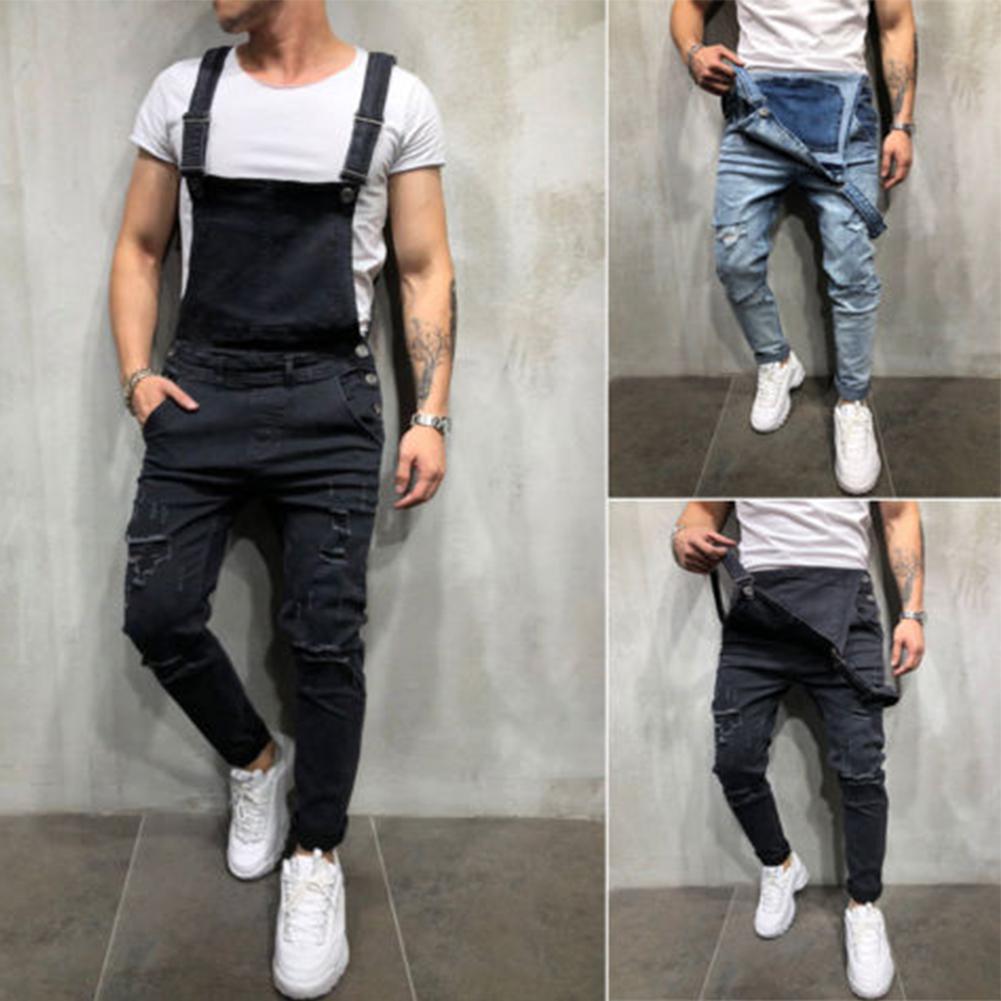 

Men Distressed Denim Carpenter Overalls Bib Jumpsuits Moto Biker Jean Pants, Black