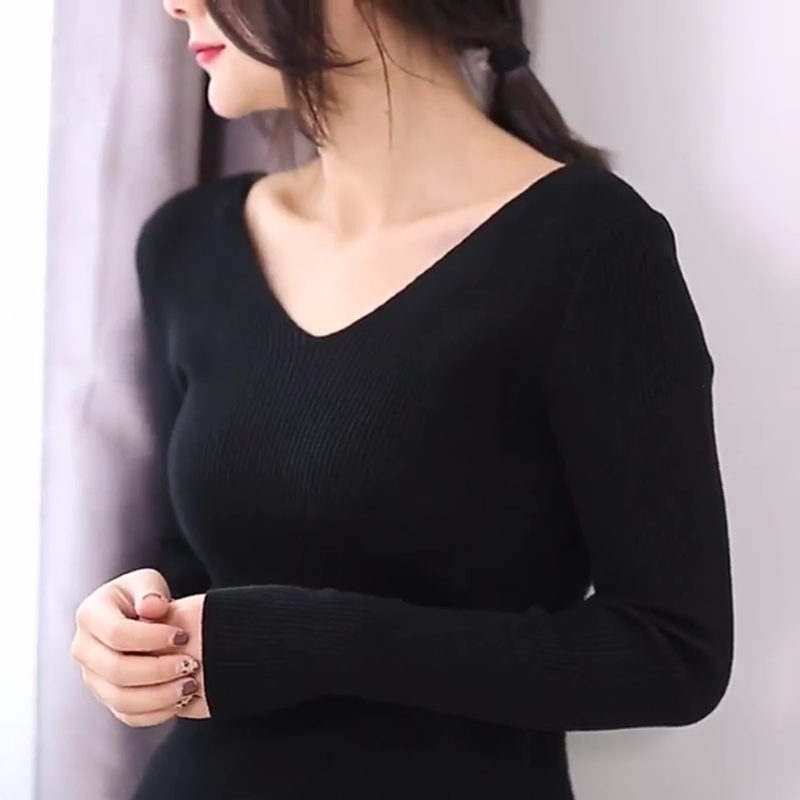 

Autumn V Neck Sweater Women Winter Knitted Slim Back V-neck Pullover Tops Casual Long Sleeve Knitting Stretch Sweater Pull Femme, Black