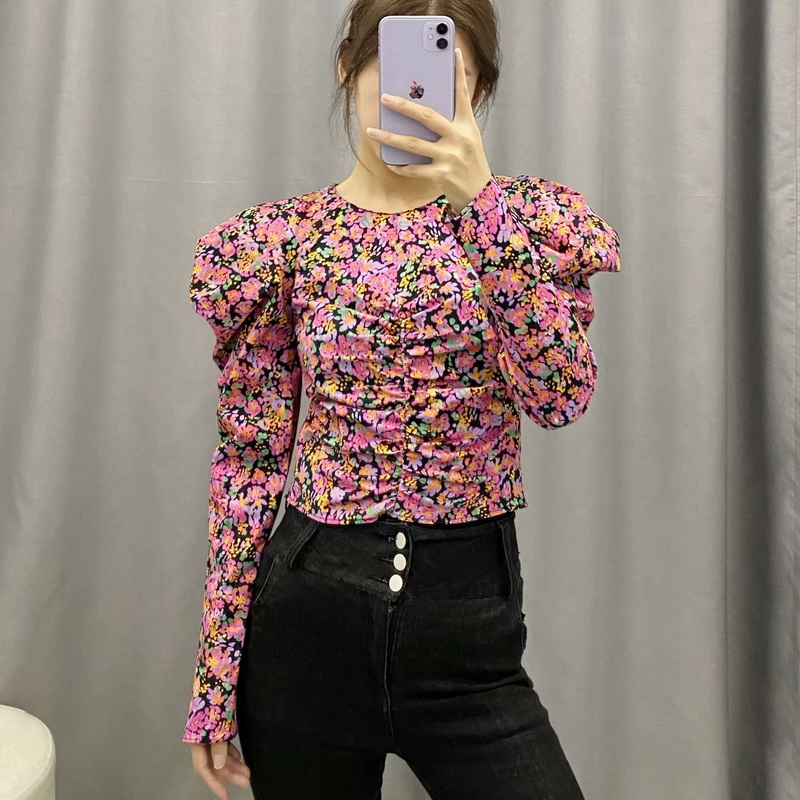 

Slim Women Blouse Spring 2020 New Fashion Vintage Floral O-Neck Long Puff Sleeve Shirt Modern Lady Short Pullover Tops, Floral prints