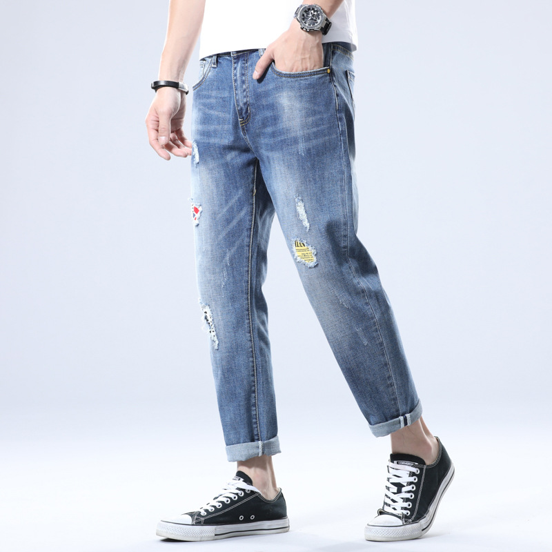 

Nine-point jeans loose Korean version of the trend of self-cultivation stretch pants plus size men's summer thin patch, Pattern
