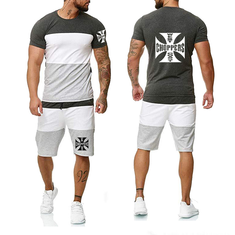 

Summer Men T-Shirt West Choppers Printed Fashion Cotton Colorblock Harajuku Short Sleeve Men T-shirt+pants suit 2pcs, 803