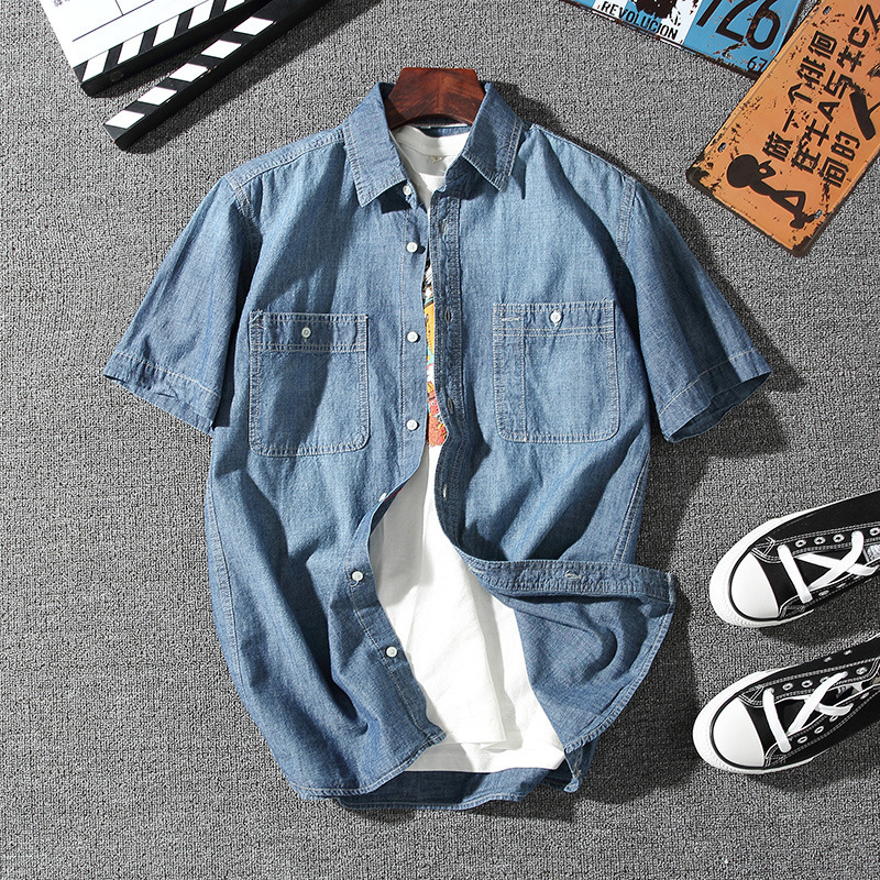 

2020 Summer Men's Casual Denim Shirt Classic Style Fashion Cotton Short Sleeve Shirts Brand Male Brand Clothes, Blue