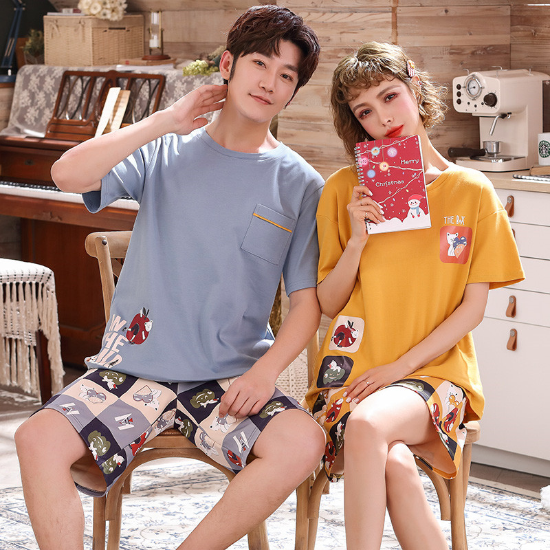 

2-piece suit couple comfortable O-neck T-shirt suitable for women's pajamas summer sweet casual short-sleeved cotton pajamas