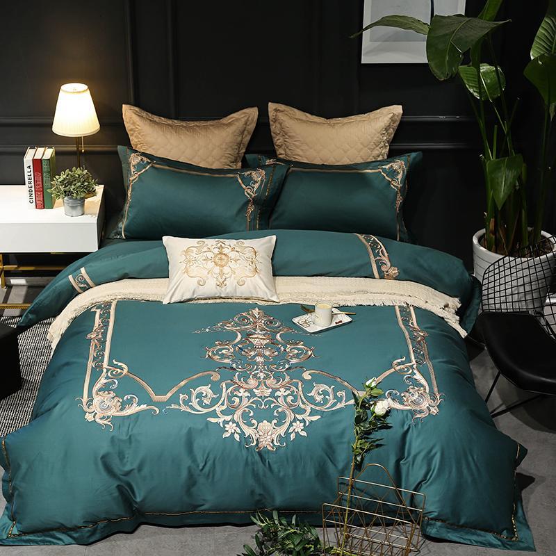 

43 Green Royal Bedding Set Queen King size 4/5/7Pcs Bed set Oriental Embroidery Duvet Cover Bed Sheet Linens Pillowcase, Bedding set 1