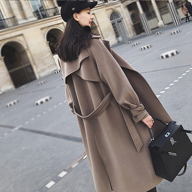 

2019 New Autumn Winter Fashion Slim Double-breasted Woolen Coat Female Bandage Slim Long Lapel Solid Blend Jacket Overcoat 1518, Gray