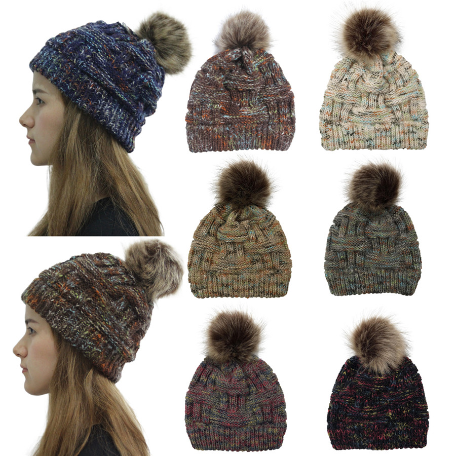 

Winter Women Knitted Hat Warm Pom colorful Wool Hat Ladies Skull Beanie Solid Female Outdoor Caps ST684, Random colors