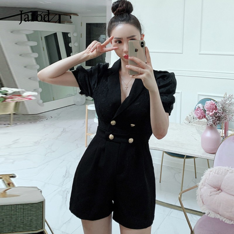 

Korean Women Lace patchwork Short Jumpsuits 2020 Summer High waist Wide Legs Rompers Simple New Black Work Wear Playsuits, Photo color