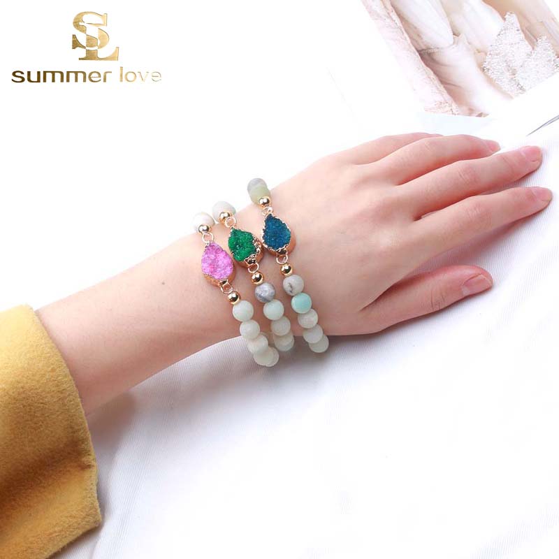 

8.5MM Matte Nature Stone Durzy Waterdrop Charm Bracelet for Women Green Blue Pink Charm Bracelet Fashion Jewelry Wholesale 2019