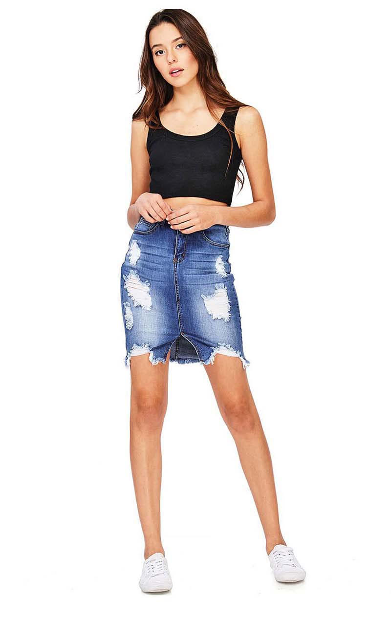 

2019 Women Denim Skirt Updated Ripped Hole Tassels High Elastic Mid waist jeans Knee Length Skirts A-line Casual Female Free Shipping, Y-6057 dark blue