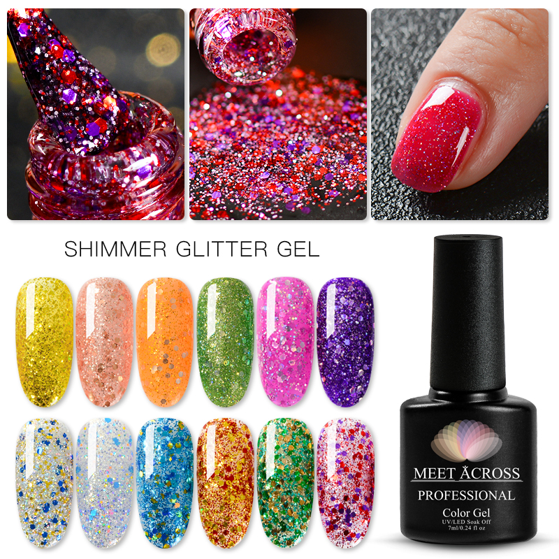 

MEET ACROSS Glitter Nail Gel Polish 7ml Holographic Shining UV Gel Nail Polish Shimmer Manicure Soak Off Art Varnish, W3114