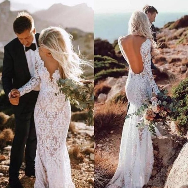 

2020 Hot Sell Country Farm Wedding Dresses Full Lace Mermaid Long Sleeve Sexy Backless Summer Garden Bridal Gowns Boho Robe de mariee, Pink