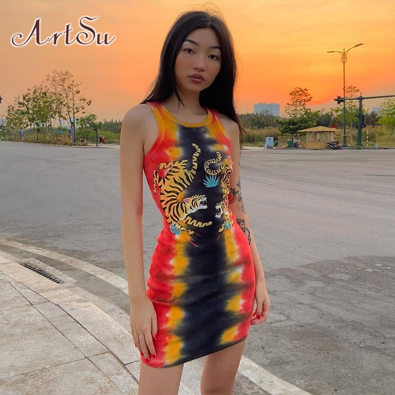 

Punk Tie Dye Sleeveless Graphic Mini Dresses Ribbed O-neck Tiger Print Bodycon Party Dress Sexy Summer Sundress ASDR23227, Orange
