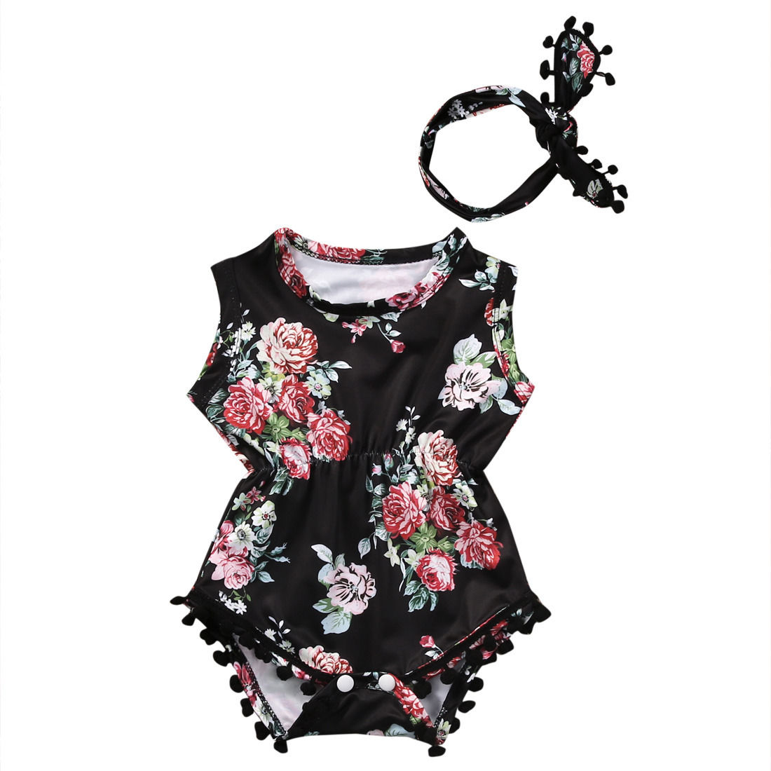 Summer Baby Girls Floral Romper Jumper Jumpsuit+Headband Outfits 2018 New Floral Printed Romper Cute Baby Girls Clothes Sunsuit-image-470923697