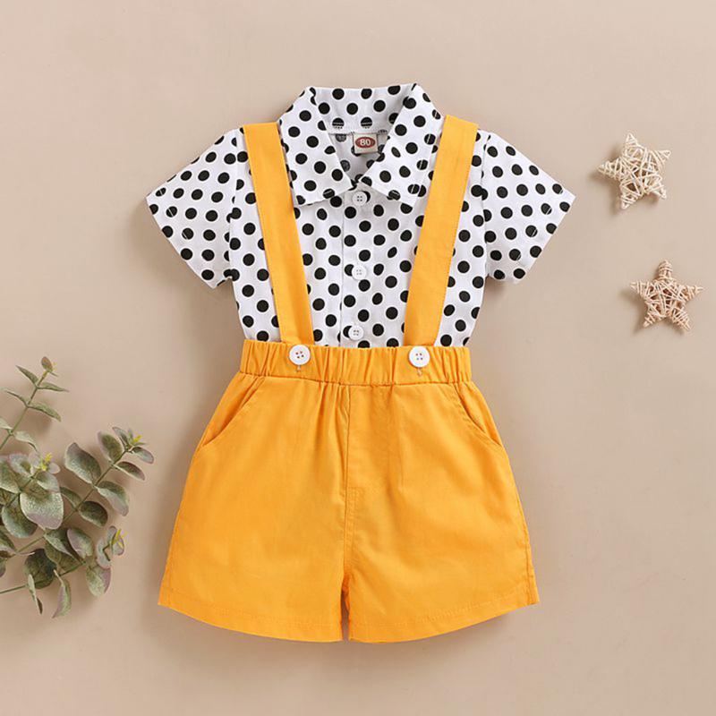 

Baby Girls Boys Summer Shirt Suspenders Shorts Set 2020 Infant Toddler Outfits Polka Dot Short Sleeve Top Pocket Overalls Set, Yellow