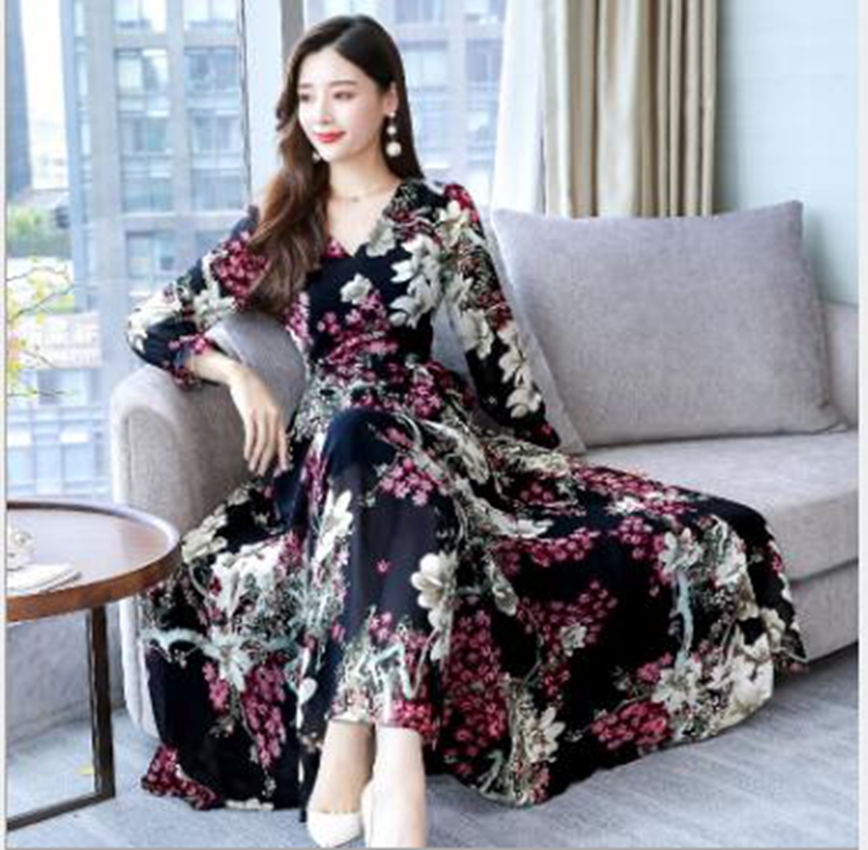 

Wholesale women's spring and autumn new style was thin in the long section of the long-sleeved retro printed chiffon bottoming knee dress, Pink