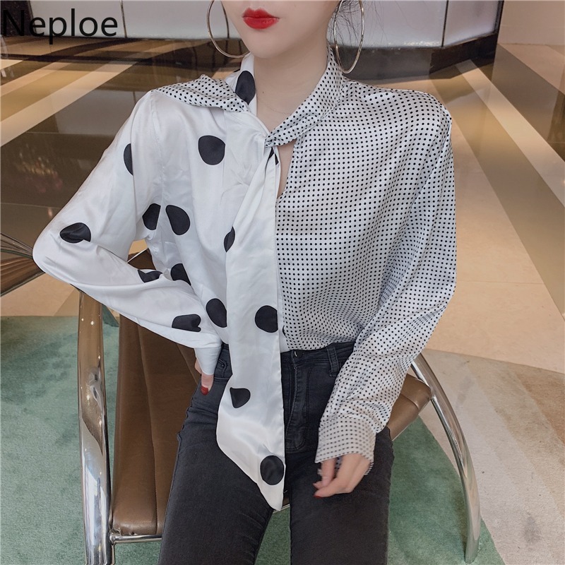 

Neploe Polka Dot Hit Color Patchwork Blouse Shirt 2020 Spring Long Sleeve Lace Up V-neck Pullover Tops Women Korean Blusa 59108, Photo color