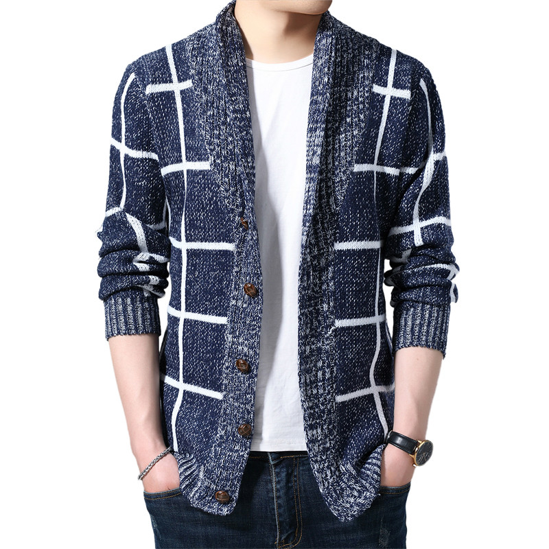 

New Fashion Brand Spring and Autumn Sweater Men' Plaid Cardigan Men' Knit Sweater Coat Knit Pullover Slim Fit Casual, Navy blue