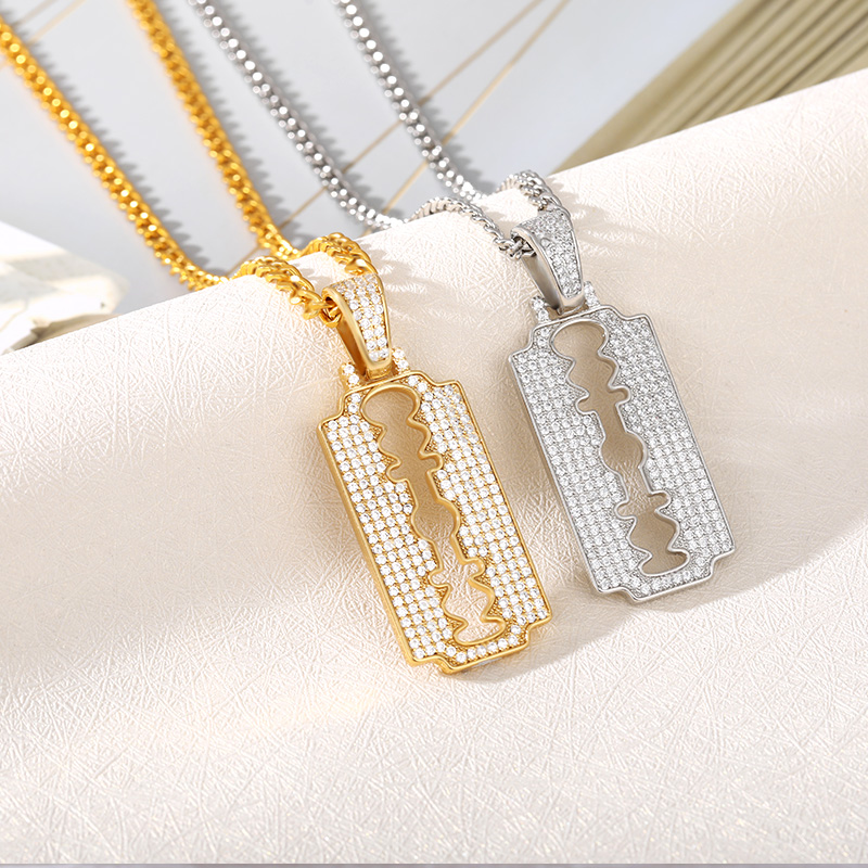 

Chains Pave Rhinestone Razor Blade Pendant Necklace & With Stainless Steel Rope Chain Gold Cubic Zircon Men's Hip Hop Jewelry F