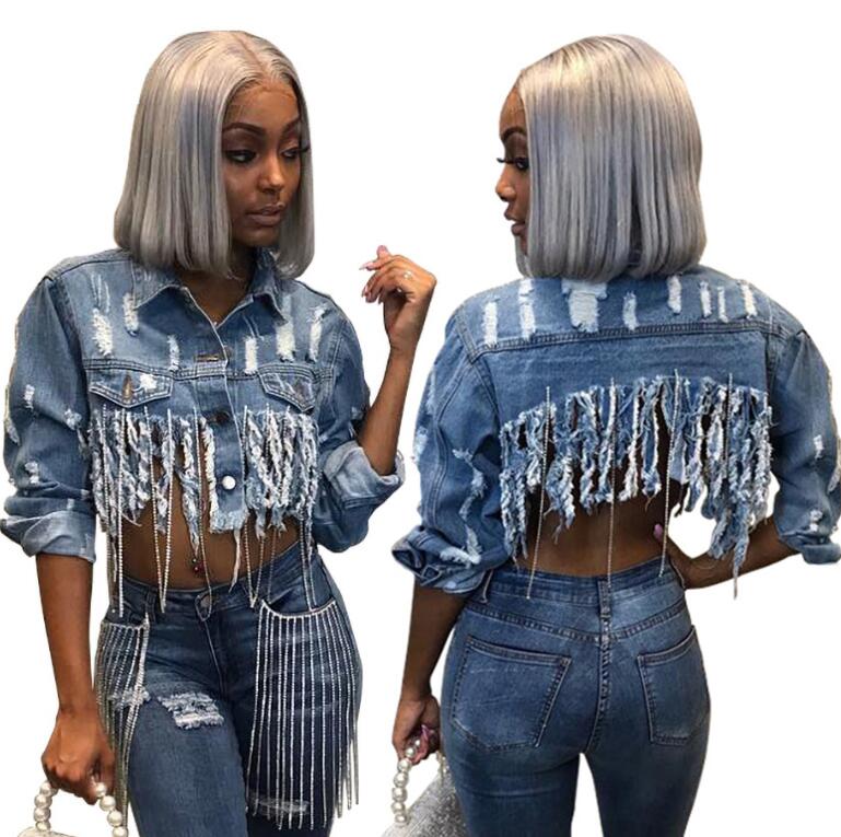 

Luxury Designer Demin Jackets for Women Design Tassel Sweatshirts Spring Autumn Fashion Brand Jacket Casual Asymmetric Length Streetwear, Blue