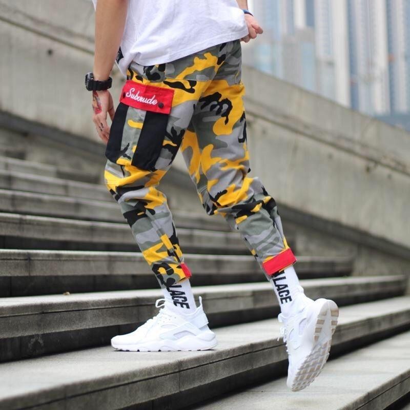 

Korean high waist Cargo Pants Men Long Pants Cotton Pockets Man Casual Trousers Man Bottoms Clothes 2020 new Plus Size loose, Camouflage yellow