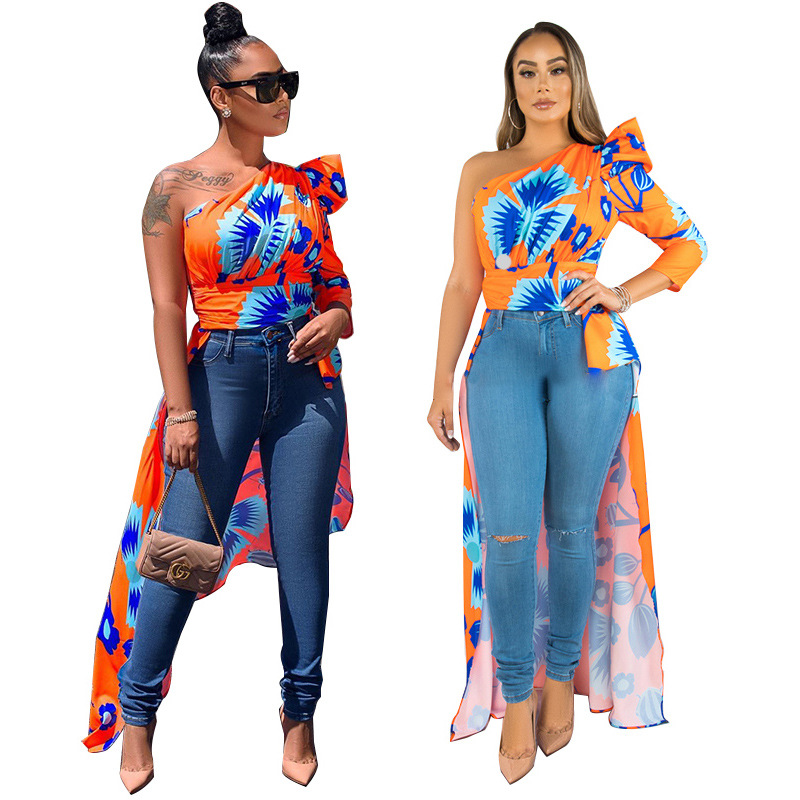 

Summer Boho Dresses Women One Shoulder High Split Dress Casual Floral Print Ruffle Sleeveless Ankle Length Maxi Long Asymmetric Dress, Orange