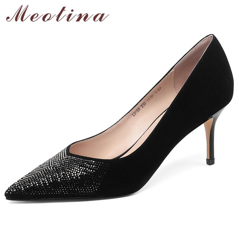 

Meotina High Heels Women Pumps Kid Suede Crystal Thin High Heels Party Shoes Genuine Leather Pointed Toe Shoes Ladies Size 33-39, Black