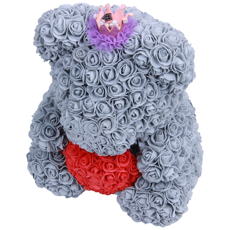 

40Cm Teddy Bear With Crown In Gift Box Bear Of Roses Artificial Flower New Year Gifts For Women Valentines Gift Gray