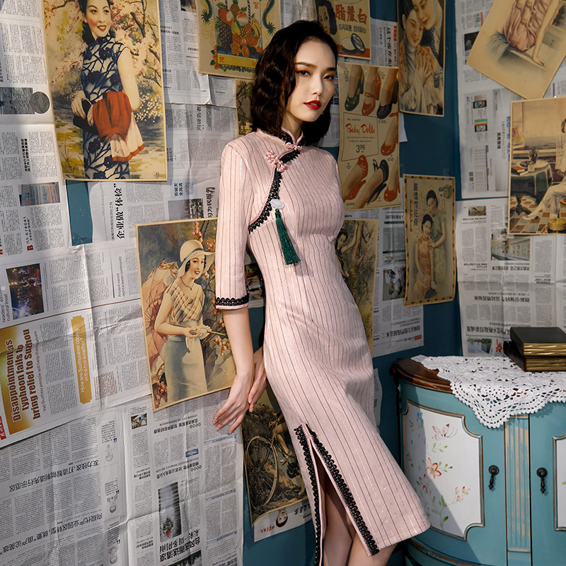 

Sheng Coco Knee-length Qipao Dresses Autumn Chamois Cheongsam Qi Pao Women Chinese Retro Seven Long Sleeve Customs Qipao Dress