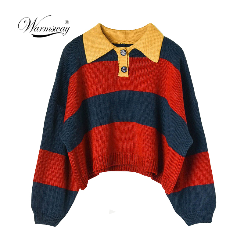 

Well made Harajuku Vintage women lantern sleeve turn down sweater loose knitted crop top ladies pullover sweater oversized C-117, Multi