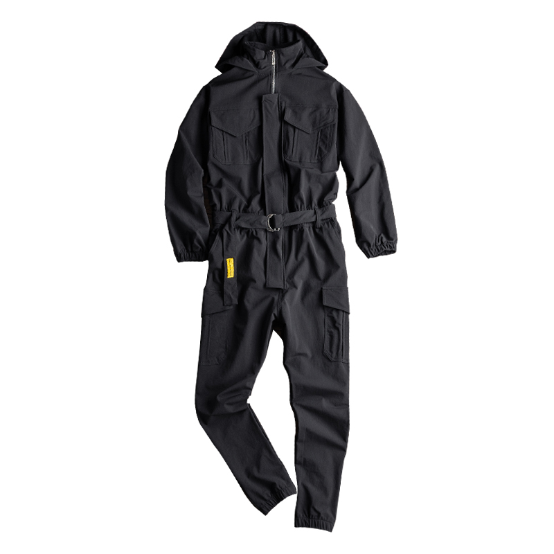 

Fashion Men's Hip Hop One Piece Cargo Jumpsuit Long Sleeve Streetwear Man Joggers Bib Overalls Sashes Pockets Work Rompers Pants, Black
