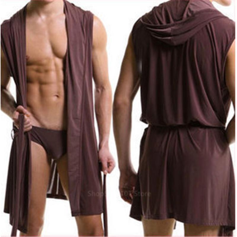 

Men' Bathrobe Kimono Sleepwear Male Sleeveless Thin Hooded Homewear Wearman Silk Pajamas Night Gown Bath Robes For Men Clothing, Black