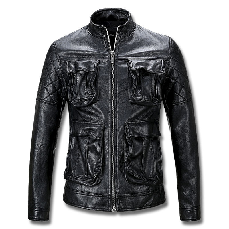 

Design 4 Pockets Leather Jacket Man PU Faux Slim Fit Fashion Full Zipper Short Biker Coat, D2-458