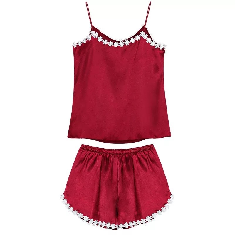 

HONENNA 2018 Women Summer Pyjamas Silk Satin Underwear Embroidery Flower Sleepwear Sleeveless Spaghetti Strap Pajamas Sets
