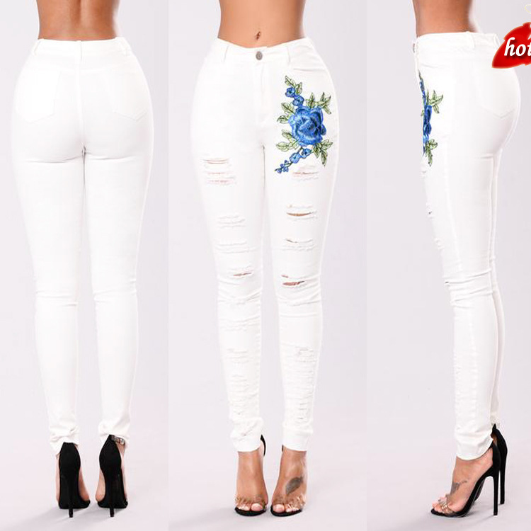 

Embroidery Hole Ripped Jeans Women White Pants Cool Denim Straight Jeans High Waist Casual Boyfriend for Women O8R2, As pic