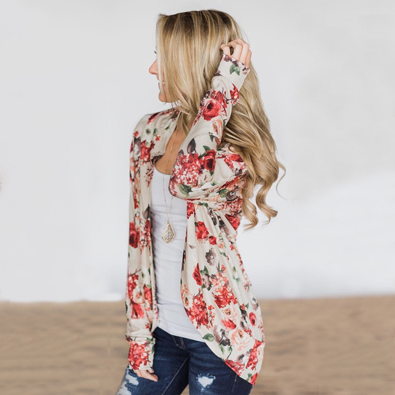 

Women Loose Casual Outwear Boho Irregular Floral Print Basic Coats Long Sleeve Wrap Cardigans Tops Women Jacket Plus Size, White