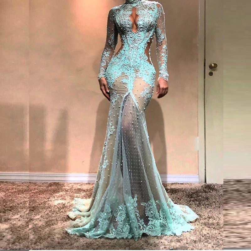 

Gorgeous Illusion Mermaid Evening Dress Long Sleeves Lace High Neck Prom Dress See Through Sexy Celebrity Party Gowns, Champagne