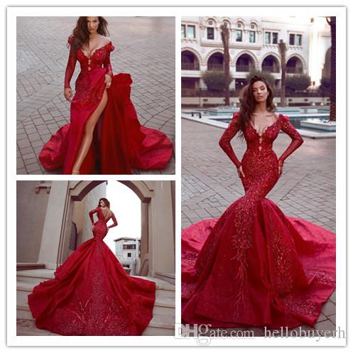 

Sexy Red Satin Indian Mermaid Reception Gothic Long Sleeve Wedding Dresses Cheap Beaded Muslim Plus Size bridal Gowns 2019, White