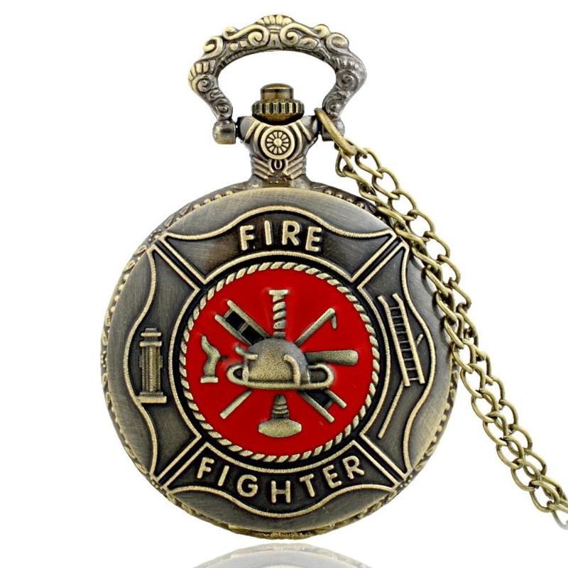 

Fire Fighter Theme Full Quartz Engraved Fob Retro Pendant Pocket Watch Chain Gift, As pic