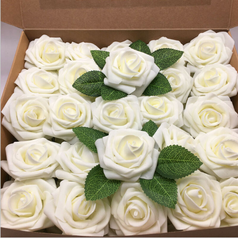 

50pcs Solid Artificial Silk Fake Rose Flowers Floral Heads Valentine's day Wedding Party Feative Bouquet Home Decor, White