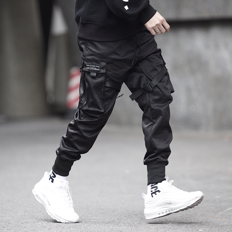 

QNPQYX Ribbons Multi-pocket Harem Hip Pop Pants Trousers Streetwear Sweatpants Hombre Male Casual Fashion Cargo Pants wholesale H052, Black