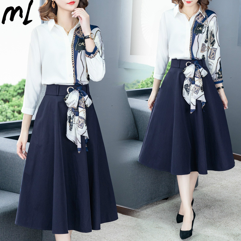 

Elegant Fashion Office Wear 2 Pieces Set Printed Patchwork Shirt Pleated Long Skirt Professional Suits Sexy Work Suit Female, 253