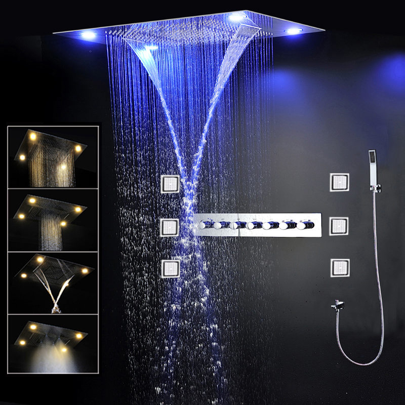 Bathroom LED Shower Faucets 600*800mm Ceiling SPA Mist Waterfall Rainfall ShowerHead Set Thermostatic Mixer Luxury Shower With Massage Body jet-image-459596696