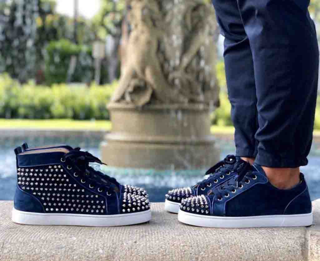 

Navy Blue Sneakers Brand Red Bottom Studs Spiked Junior Spikes Orlato Shoes Navy Blue Velvets Leather With Sliver Rivets Trainers Wholesale, Black