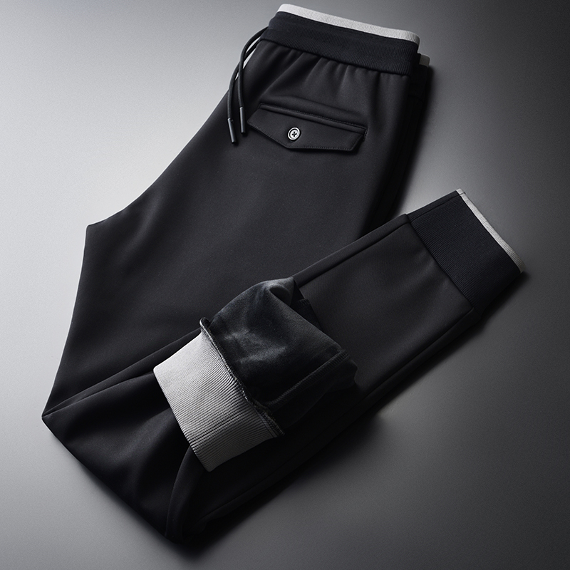 

lu Inner Velvet Mens Pants Luxury Elastic Waist Black Thick Male Pants Plus Size 4xl Solid Color Slim Fit Man Trousers, Black hk-010