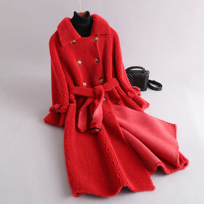 

Natural Real Fur Coat Winter Jacket for Women Clothes Thick Warm Long Women' Fur Coat Suede Lining LW1406, Red