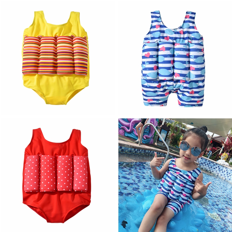 

Children Striped Dot Print Swimwear Cartoon Floating Bathing Suit Whale Bikini Kids One Pieces Swimsuit With Buoyancy TTA697, As pic
